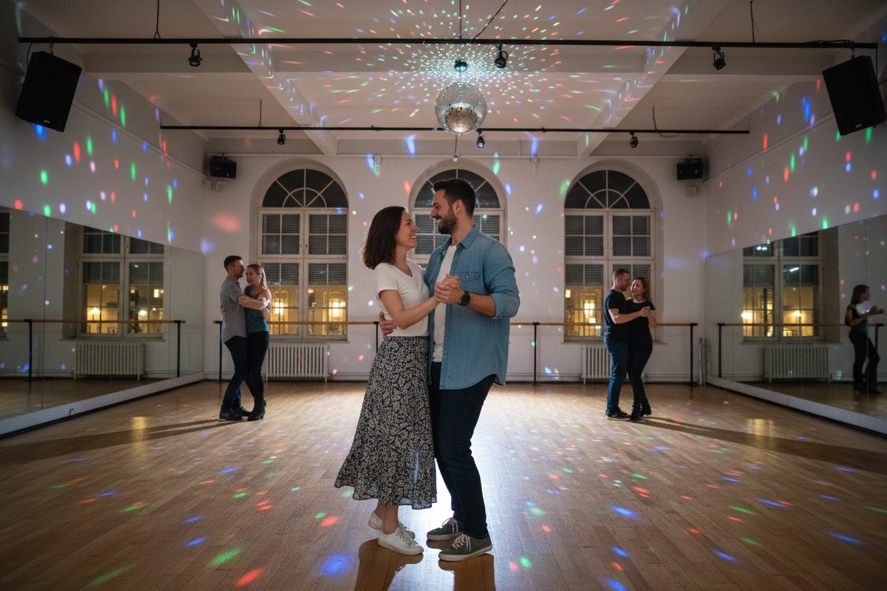 Mehrere Paare tanzen in einem großen, hellen Tanzstudio unter einer bunten Diskokugel.